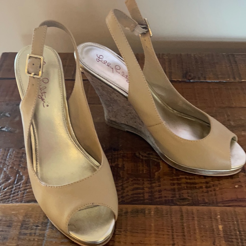 Lilly Pulitzer cork wedge open toe sling back shoe